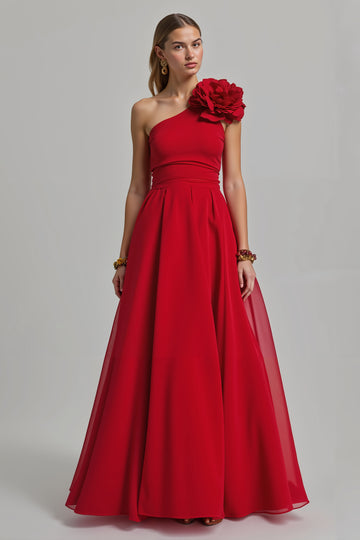 One Shoulder A Line Long Red Formal Dress with 3D Flower